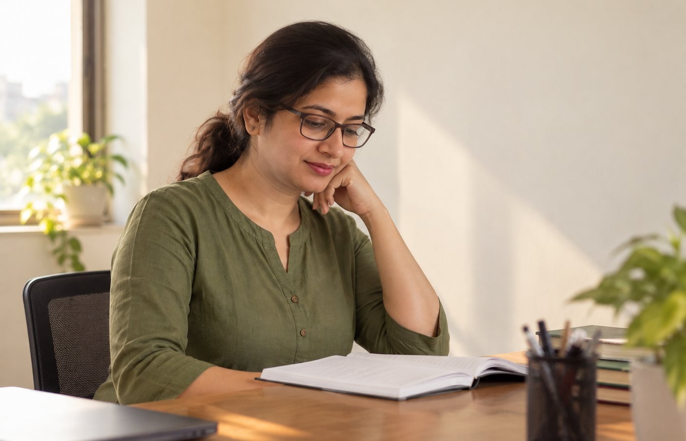 The teacher at GPC working through a problem at her desk